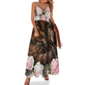 Robe maxi femme motif chat écaille de tortue et roses, longue et fluide, idéale pour l'été, les occasions formelles et les mariages.