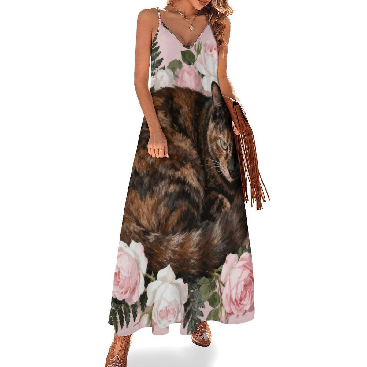 Robe maxi femme motif chat écaille de tortue et roses, longue et fluide, idéale pour l'été, les occasions formelles et les mariages.