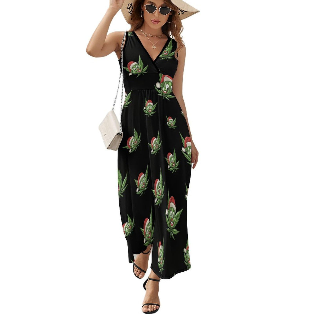 Robe longue sans manches à imprimé cannabis pour femme, col en V, style décontracté, style débardeur.