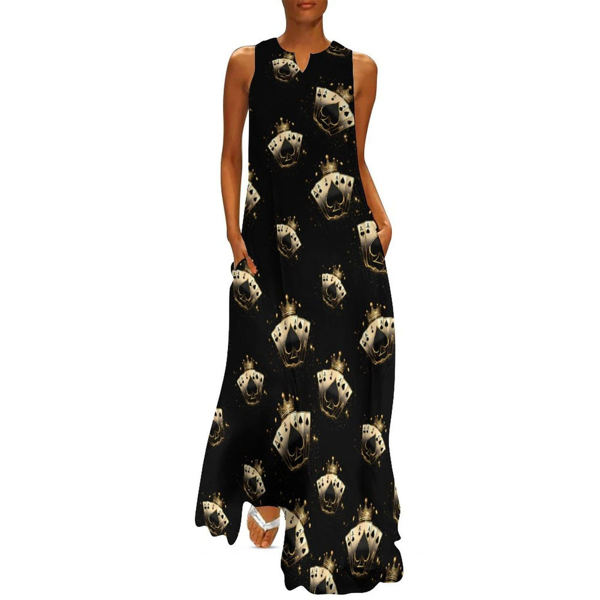 Robe de soirée sans manches pour femme, col en V, coupe ample, longue maxi, avec poches, motif cartes à jouer Aces