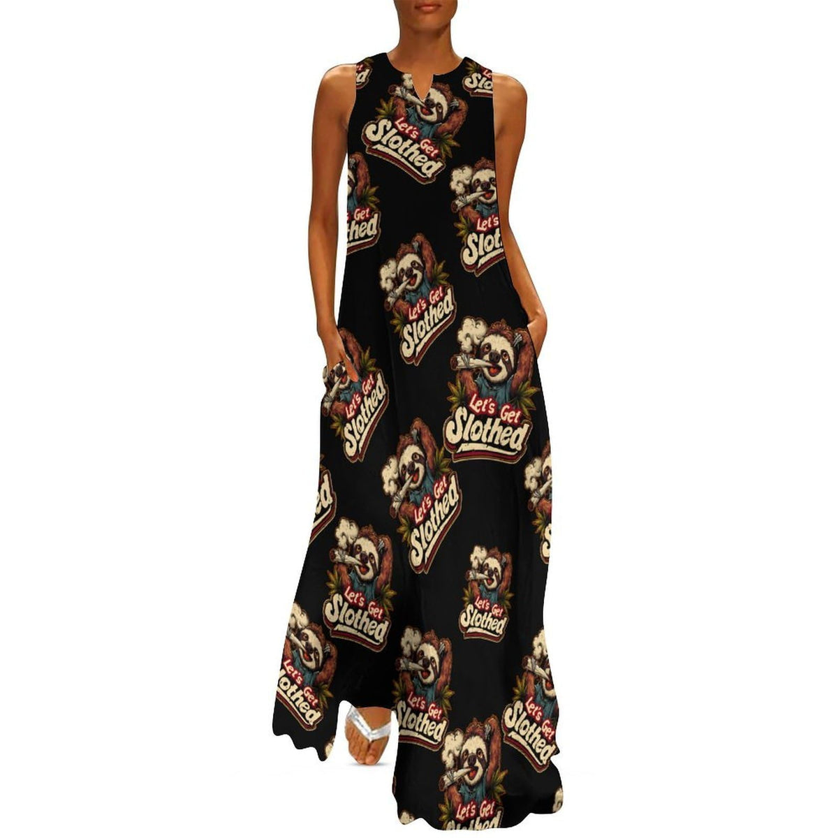 Robe longue maxi de cocktail ample et sans manches pour femme, col en V, avec poches, de la marque Let's Get Slothed