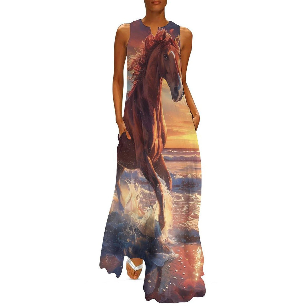 Robe longue maxi maxi sans manches pour femme, ornée d'un motif de cheval galopant sur la plage, avec col en V, coupe ample et poches.