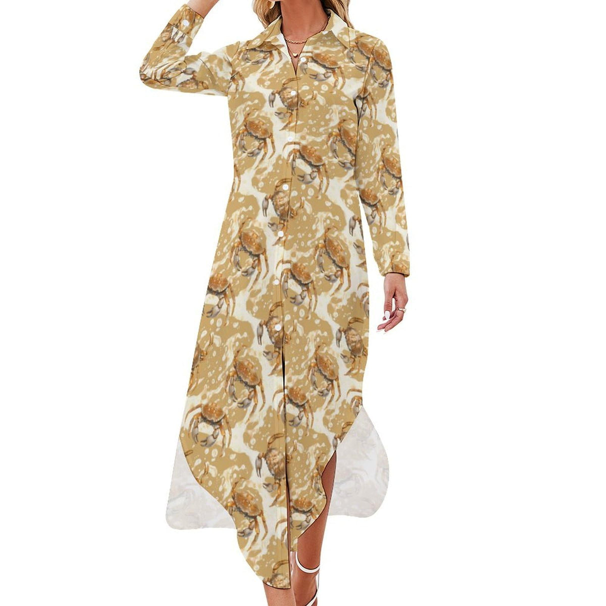 Robe-chemise fantaisie pour femme Crabs, boutonnée, manches longues, fendue, maxi